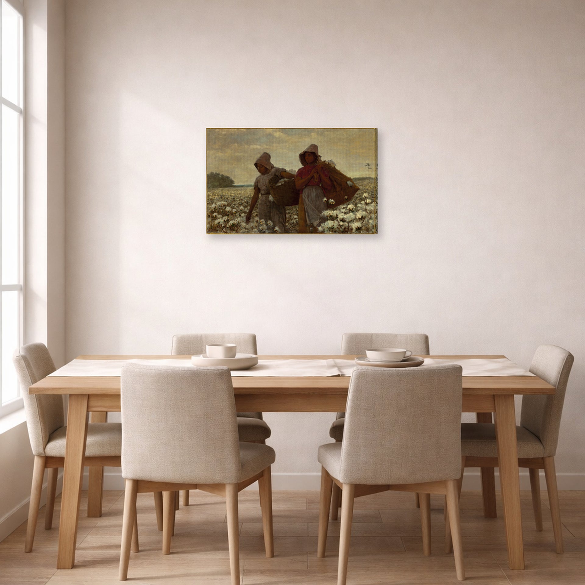 Gallery-wrapped canvas print of Winslow Homer's The Cotton Pickers displayed on a wall in a dining room