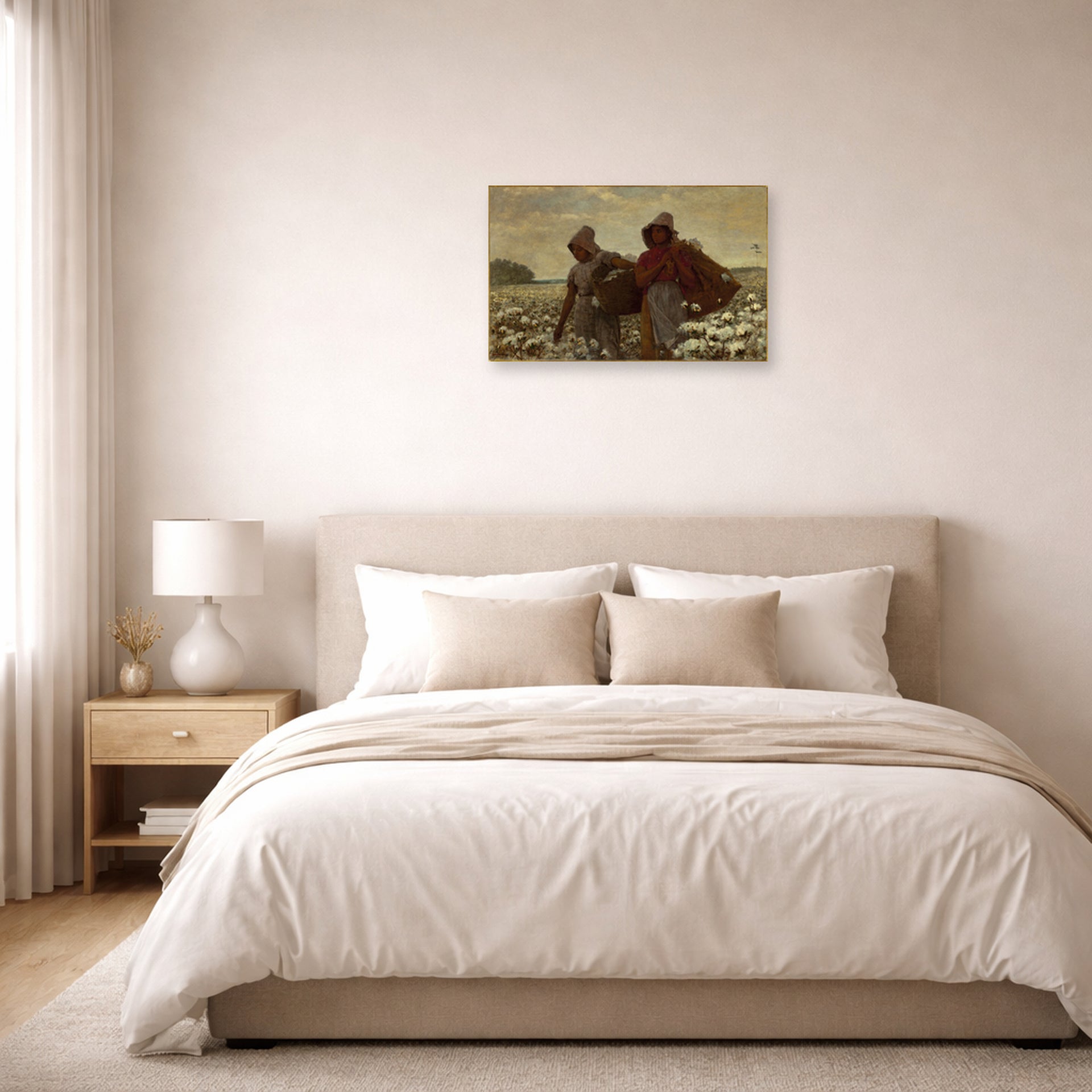 Unframed poster print of Winslow Homer's The Cotton Pickers displayed on a wall in a bedroom