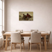 Unframed poster print of Winslow Homer's The Cotton Pickers displayed on a wall in a dining room