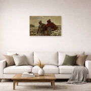 Unframed poster print of Winslow Homer's The Cotton Pickers displayed on a wall in a living room