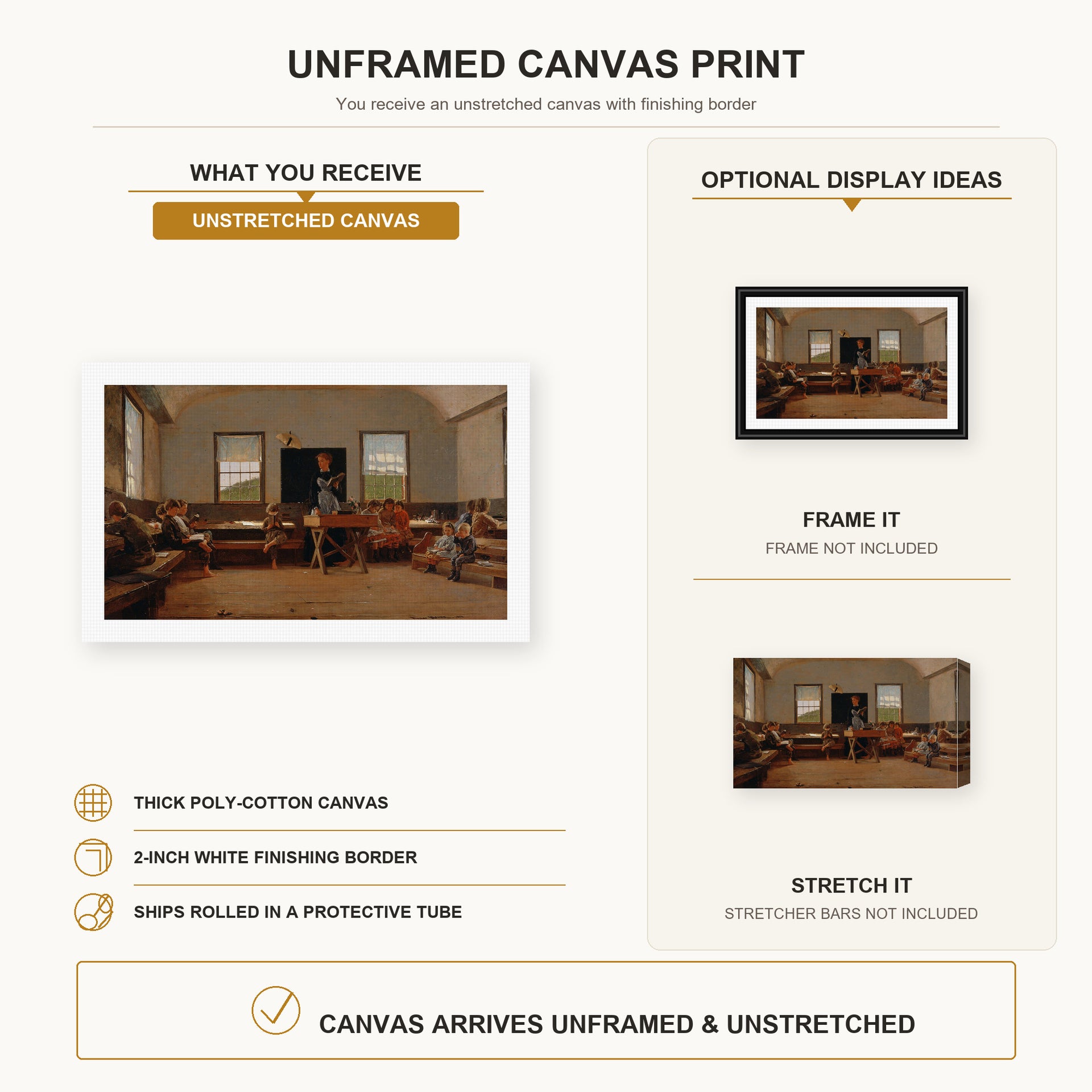 Winslow Homer - The Country School canvas print size comparison and framing display infographic