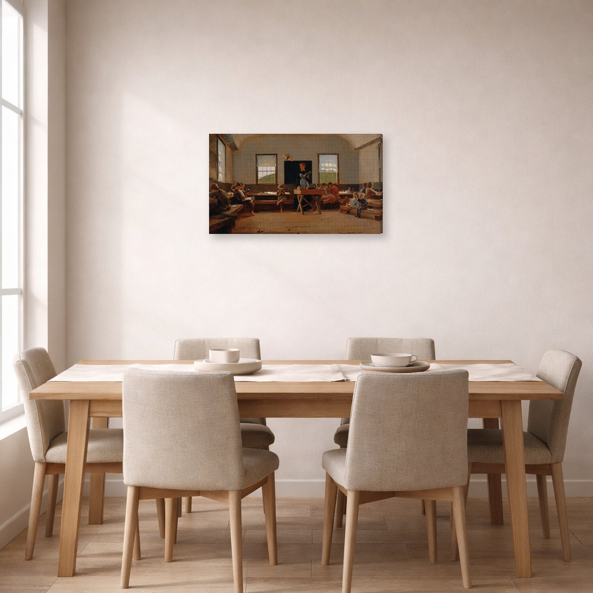 Gallery-wrapped canvas print of Winslow Homer's The Country School displayed on a wall in a dining room