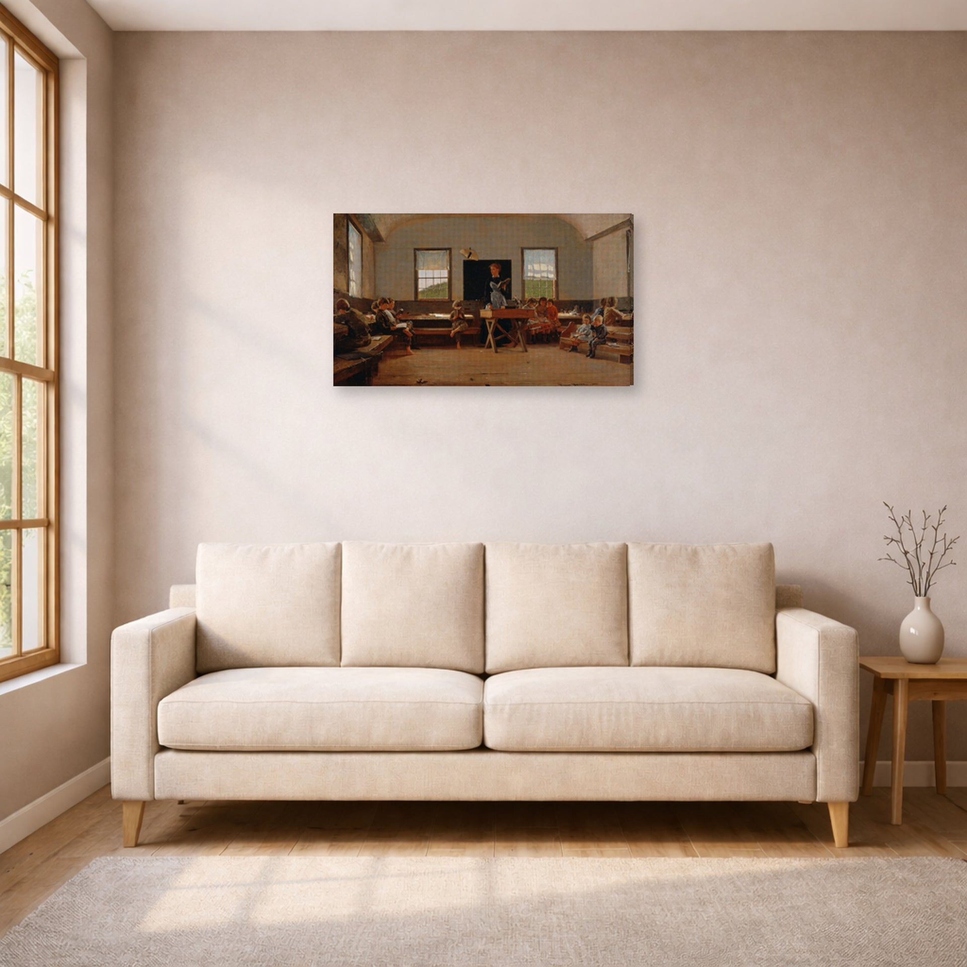 Gallery-wrapped canvas print of Winslow Homer's The Country School displayed on a wall in a living room