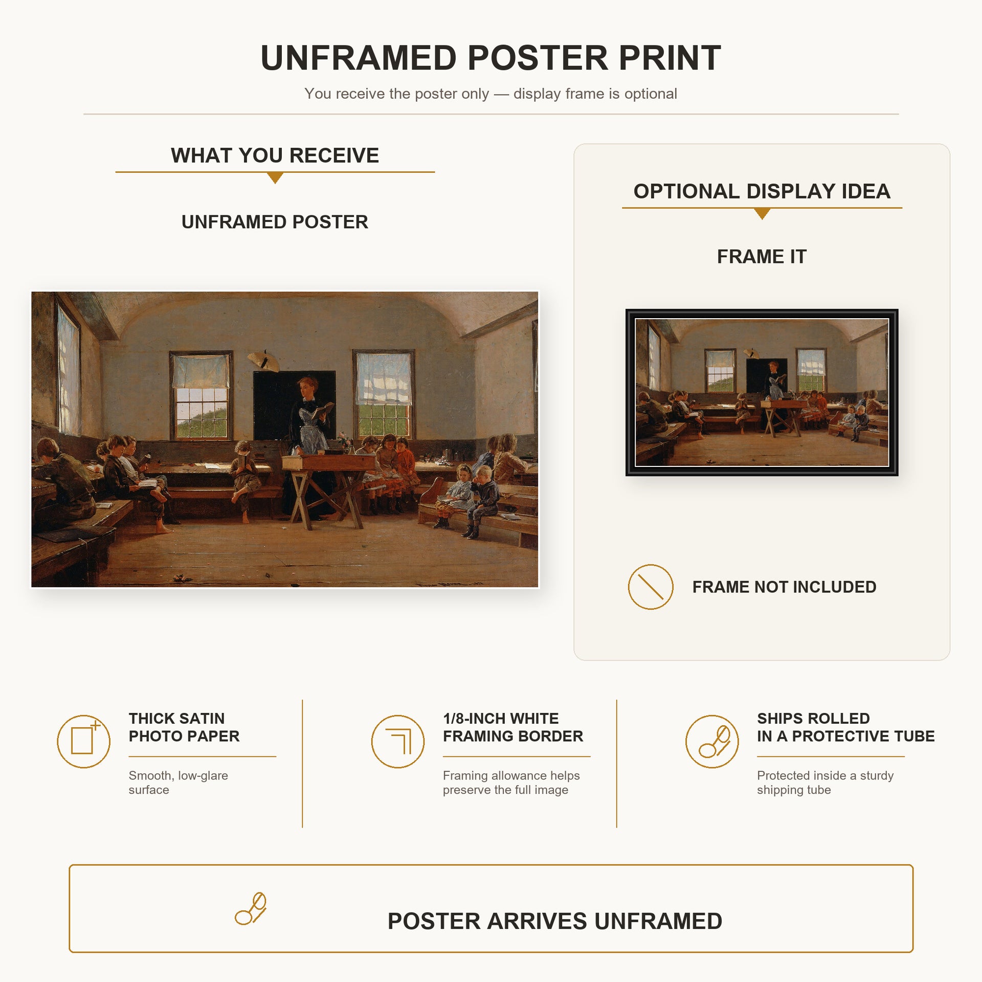 Winslow Homer - The Country School poster print size comparison and framing display infographic