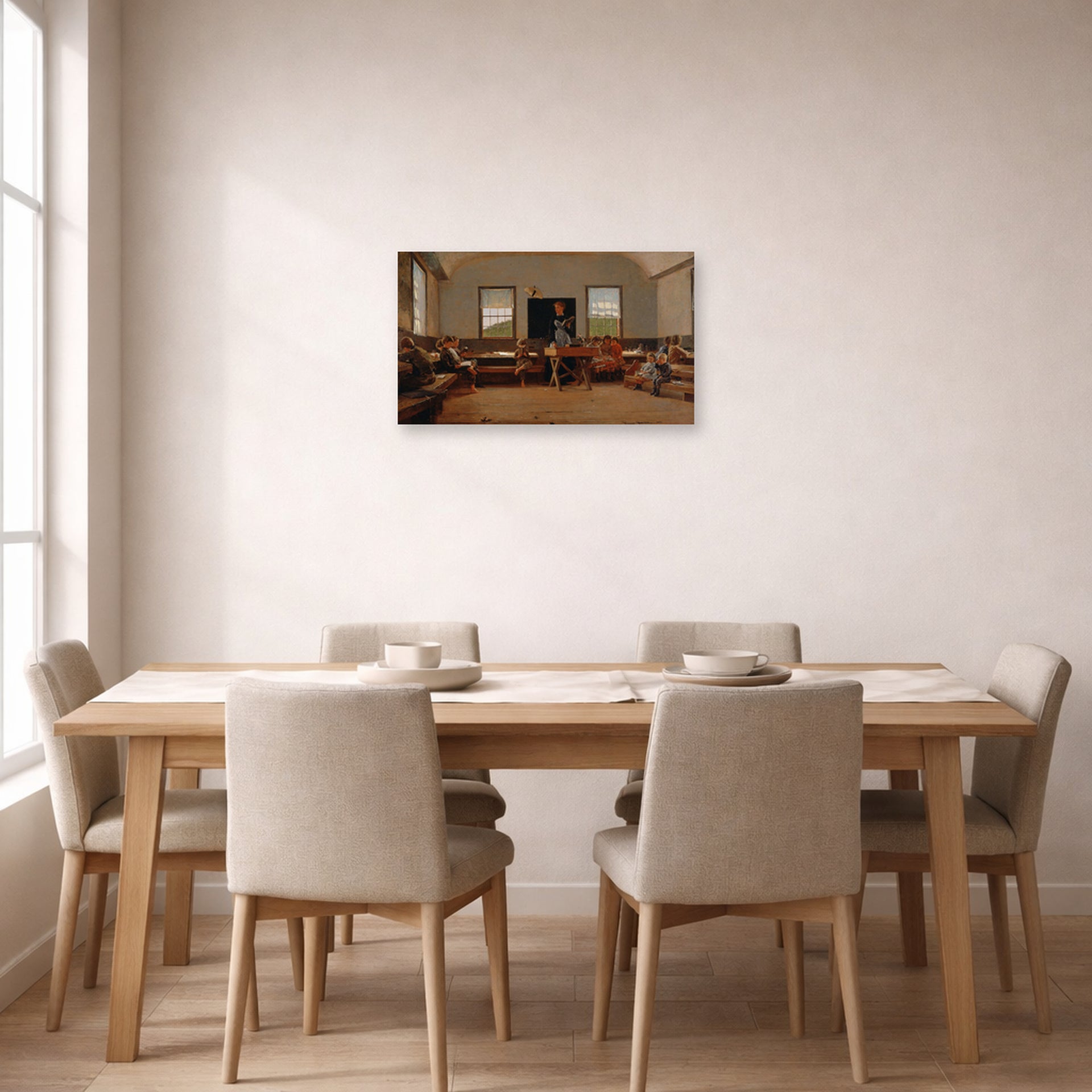 Unframed poster print of Winslow Homer's The Country School displayed on a wall in a dining room