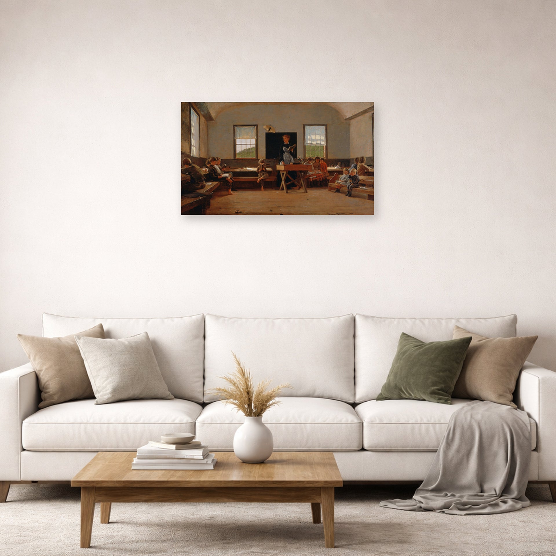 Unframed poster print of Winslow Homer's The Country School displayed on a wall in a living room