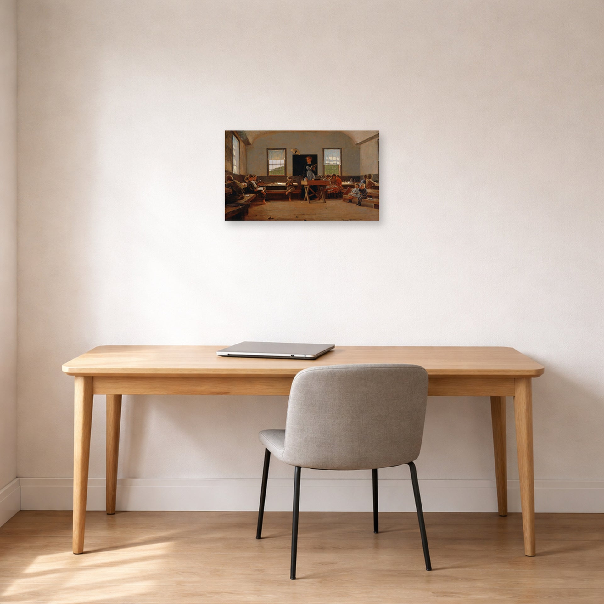 Unframed poster print of Winslow Homer's The Country School displayed on a wall in an office