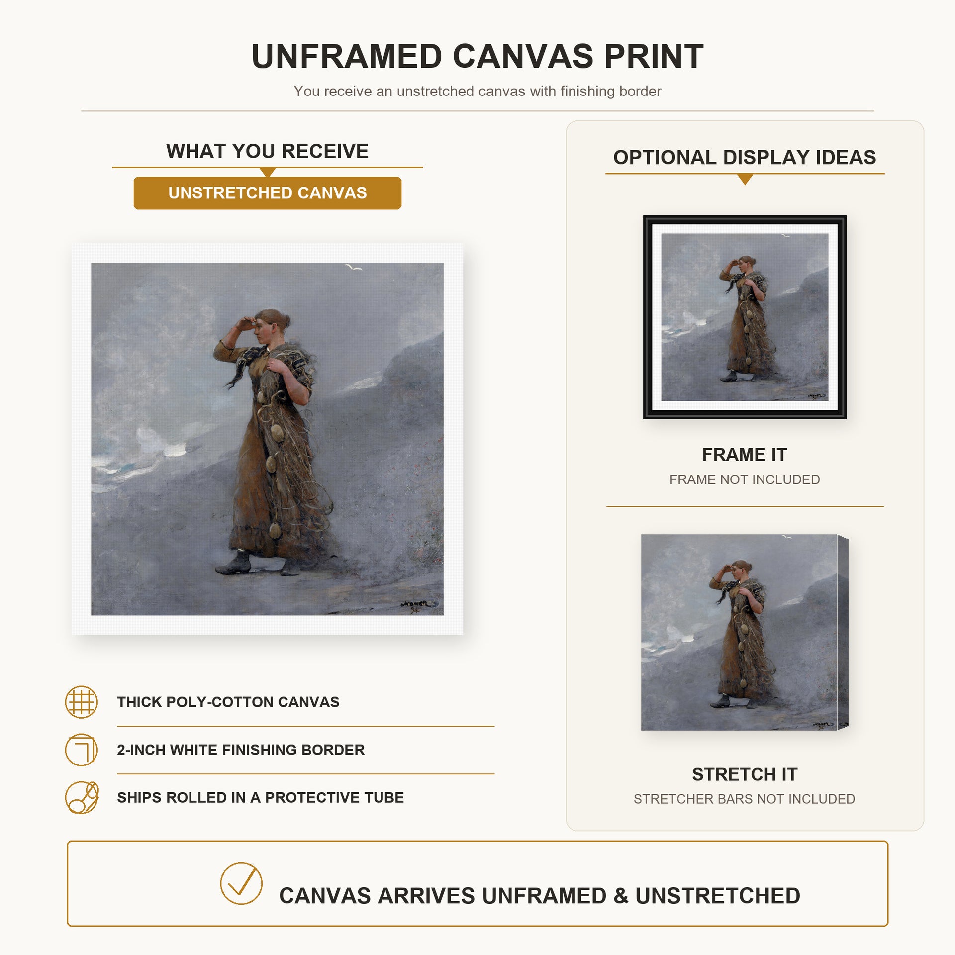 Winslow Homer - The Fisher Girl canvas print size comparison and framing display infographic