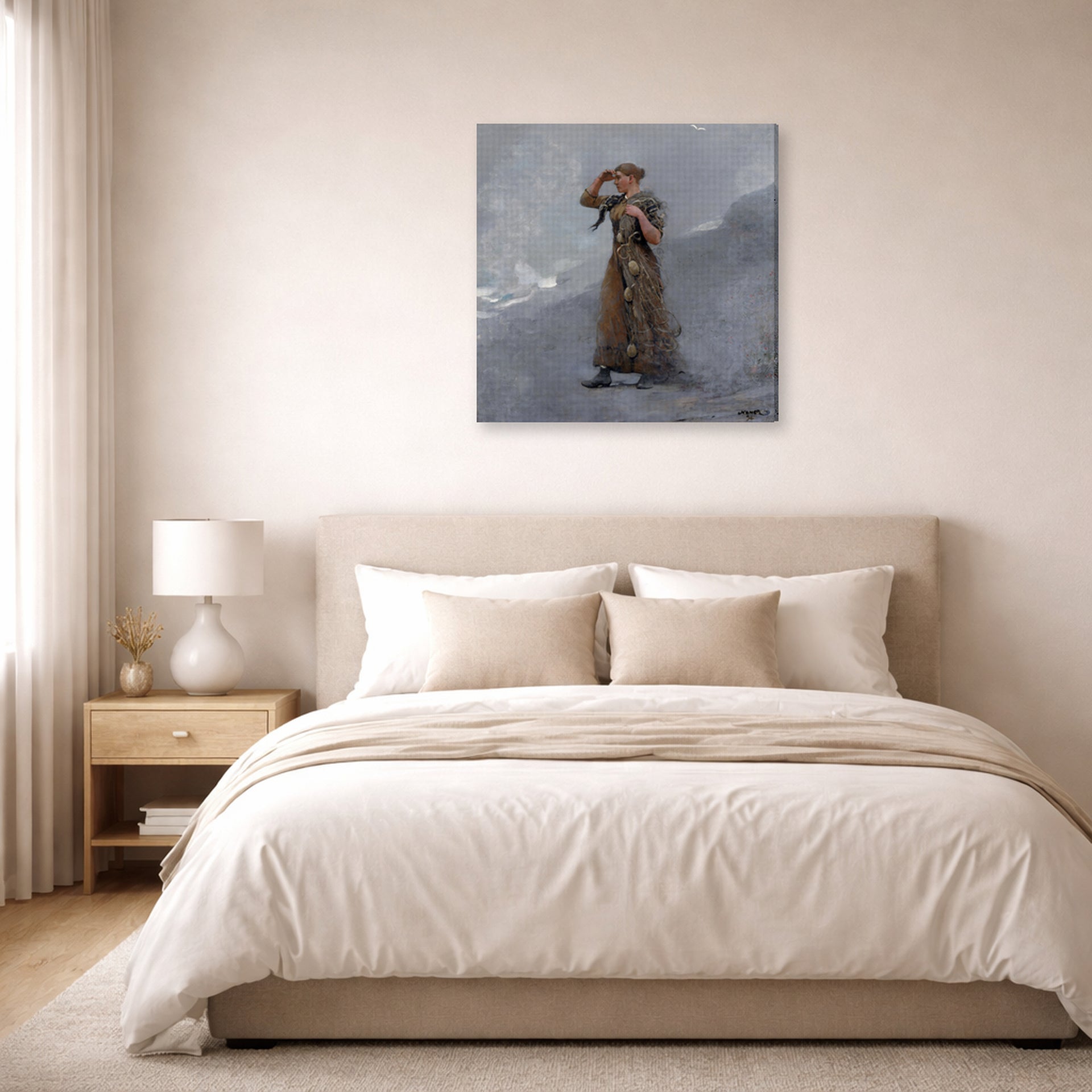Gallery-wrapped canvas print of Winslow Homer's The Fisher Girl displayed on a wall in a bedroom