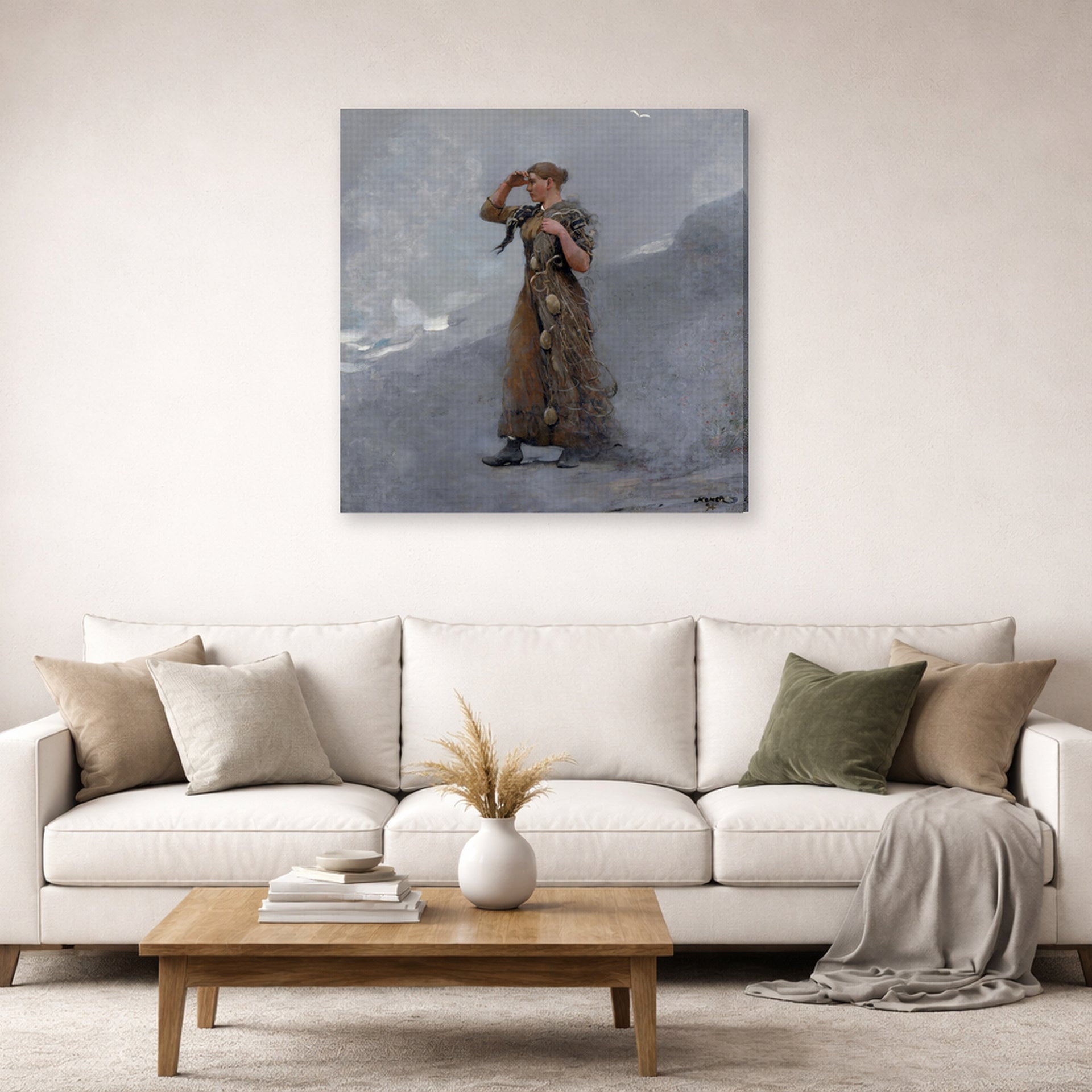Gallery-wrapped canvas print of Winslow Homer's The Fisher Girl displayed on a wall in a living room