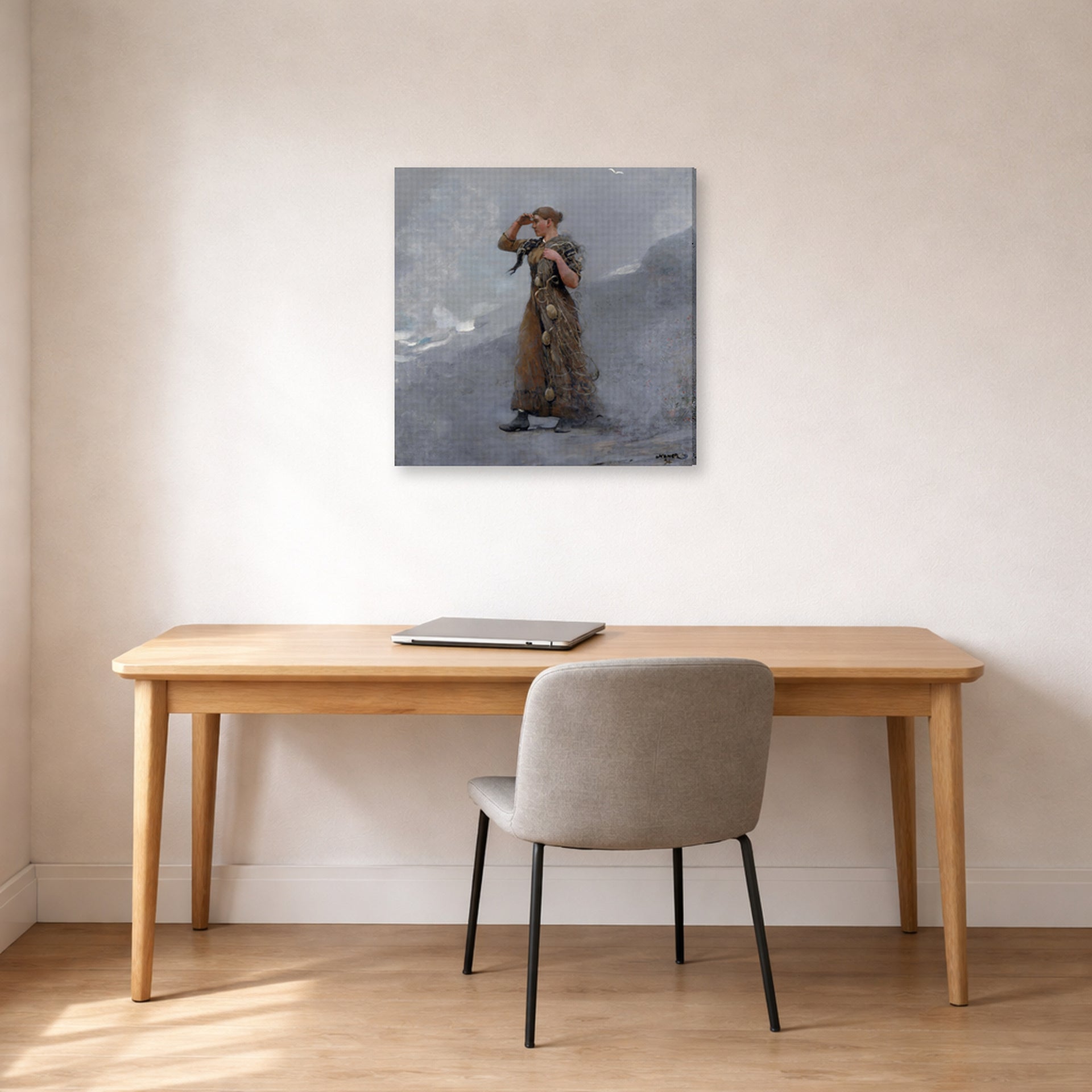 Gallery-wrapped canvas print of Winslow Homer's The Fisher Girl displayed on a wall in an office