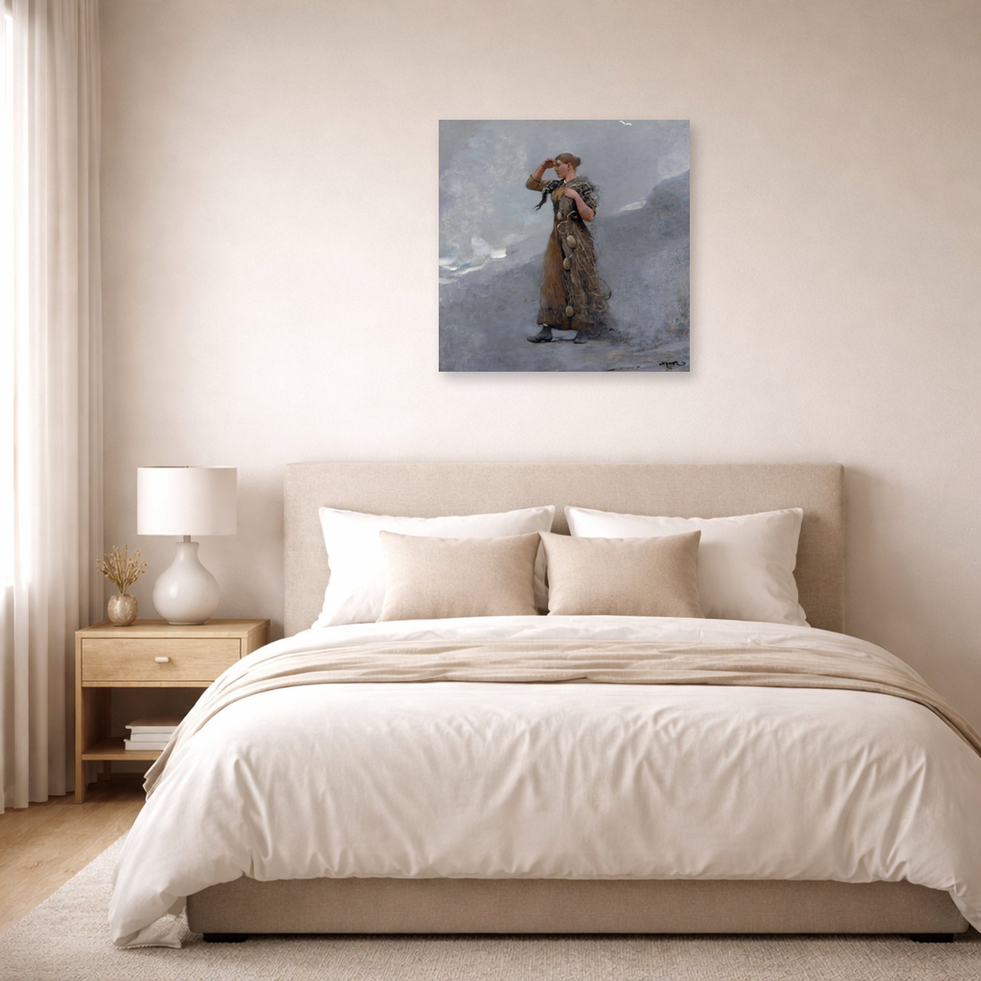 Unframed poster print of Winslow Homer's The Fisher Girl displayed on a wall in a bedroom