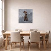 Unframed poster print of Winslow Homer's The Fisher Girl displayed on a wall in a dining room