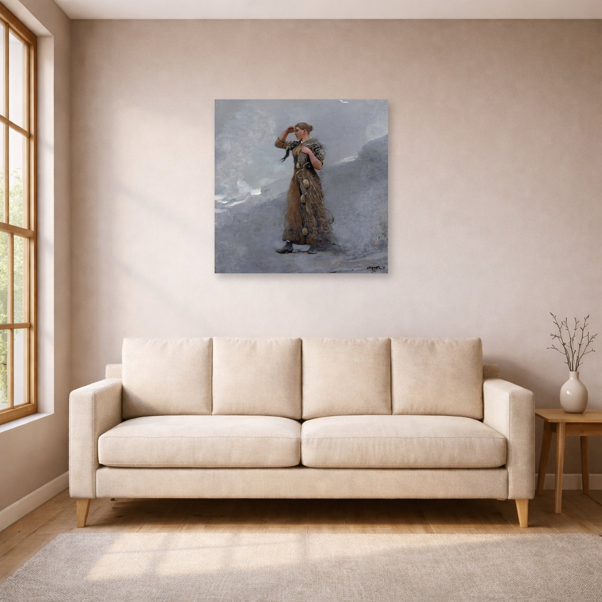 Unframed poster print of Winslow Homer's The Fisher Girl displayed on a wall in a living room