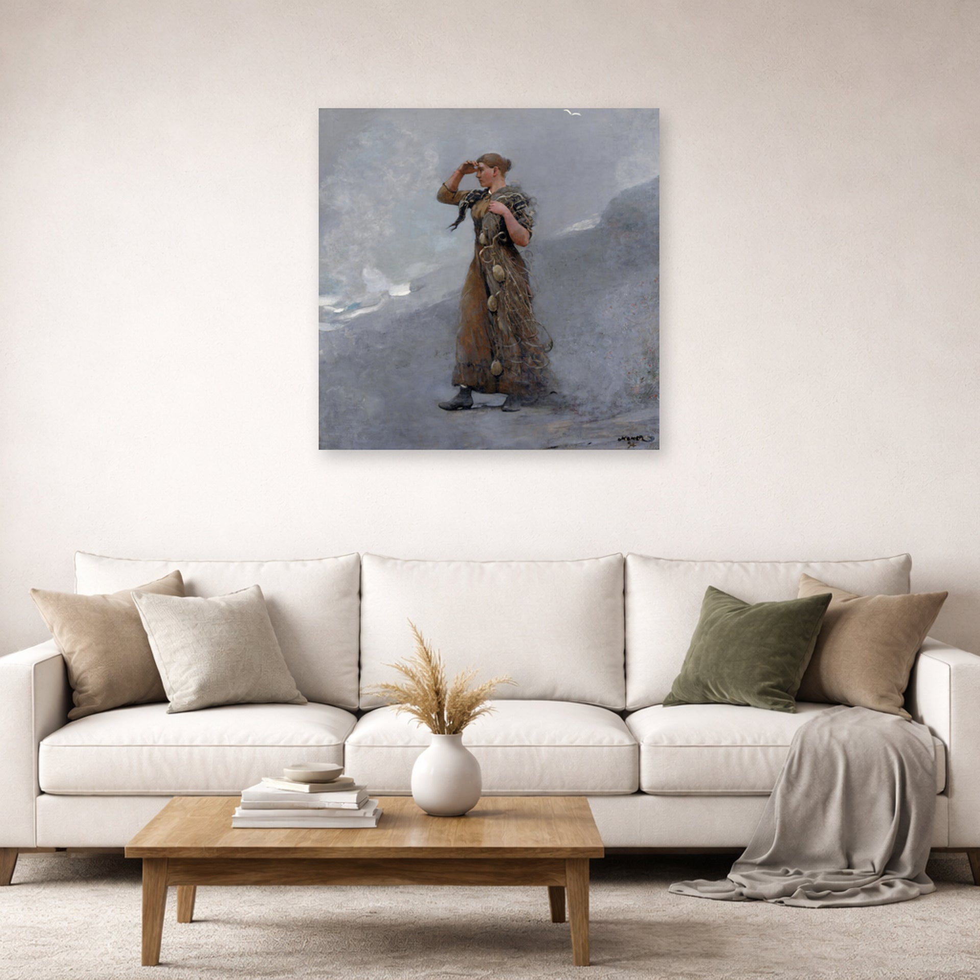 Unframed poster print of Winslow Homer's The Fisher Girl displayed on a wall in a living room