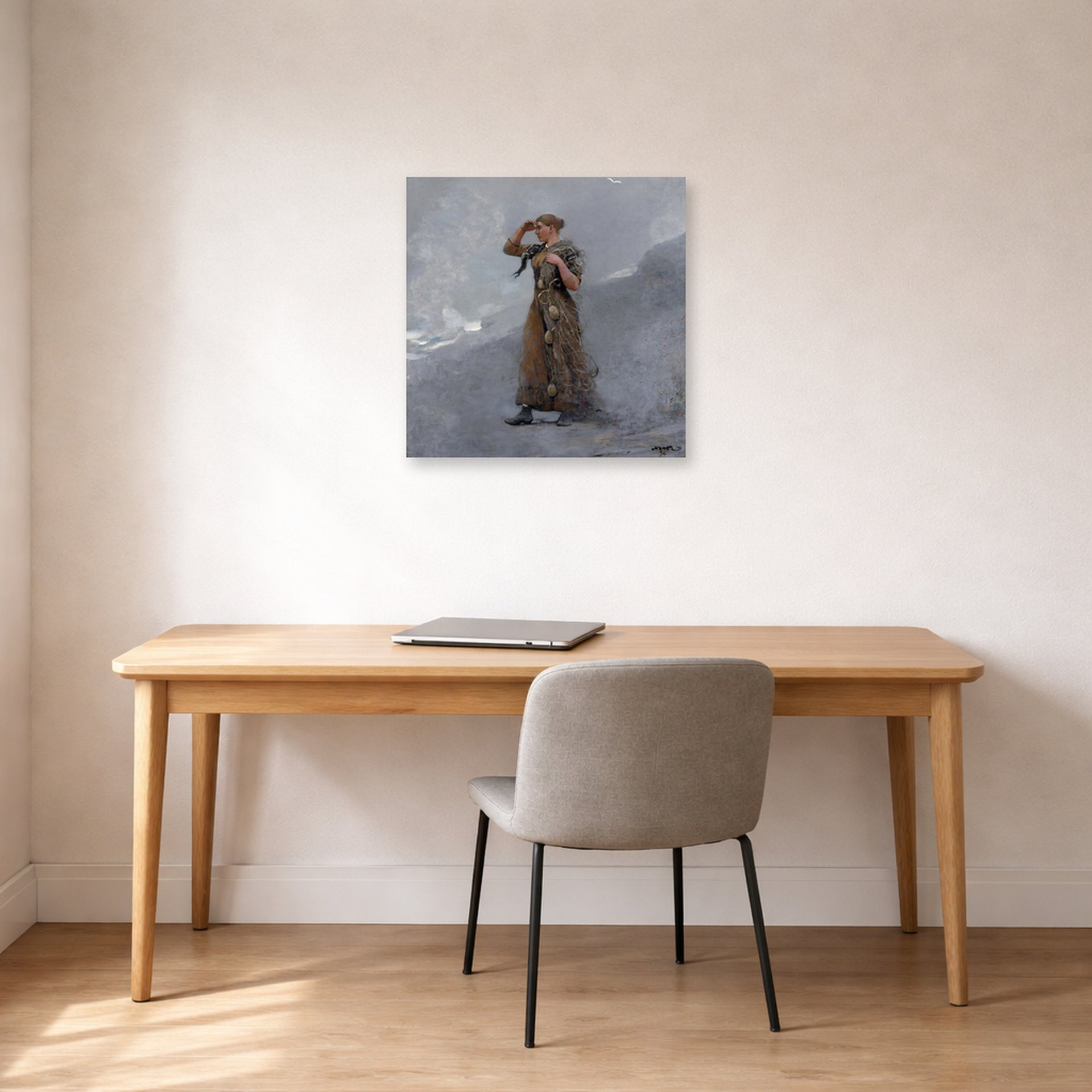 Unframed poster print of Winslow Homer's The Fisher Girl displayed on a wall in an office