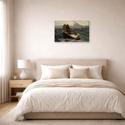 Gallery-wrapped canvas print of Winslow Homer's The Fog Warning displayed on a wall in a bedroom