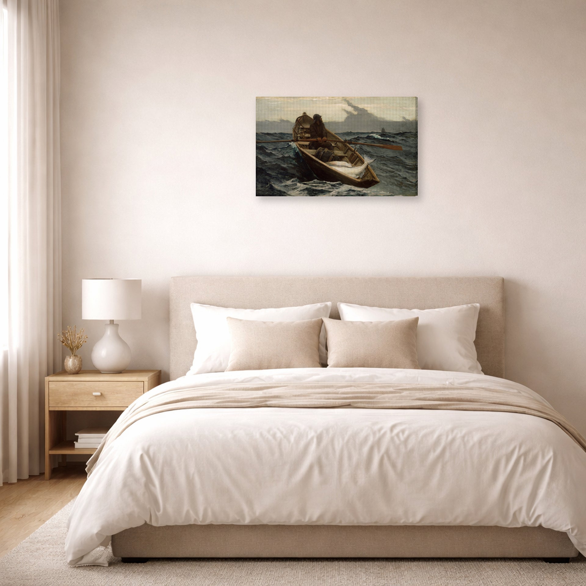 Gallery-wrapped canvas print of Winslow Homer's The Fog Warning displayed on a wall in a bedroom
