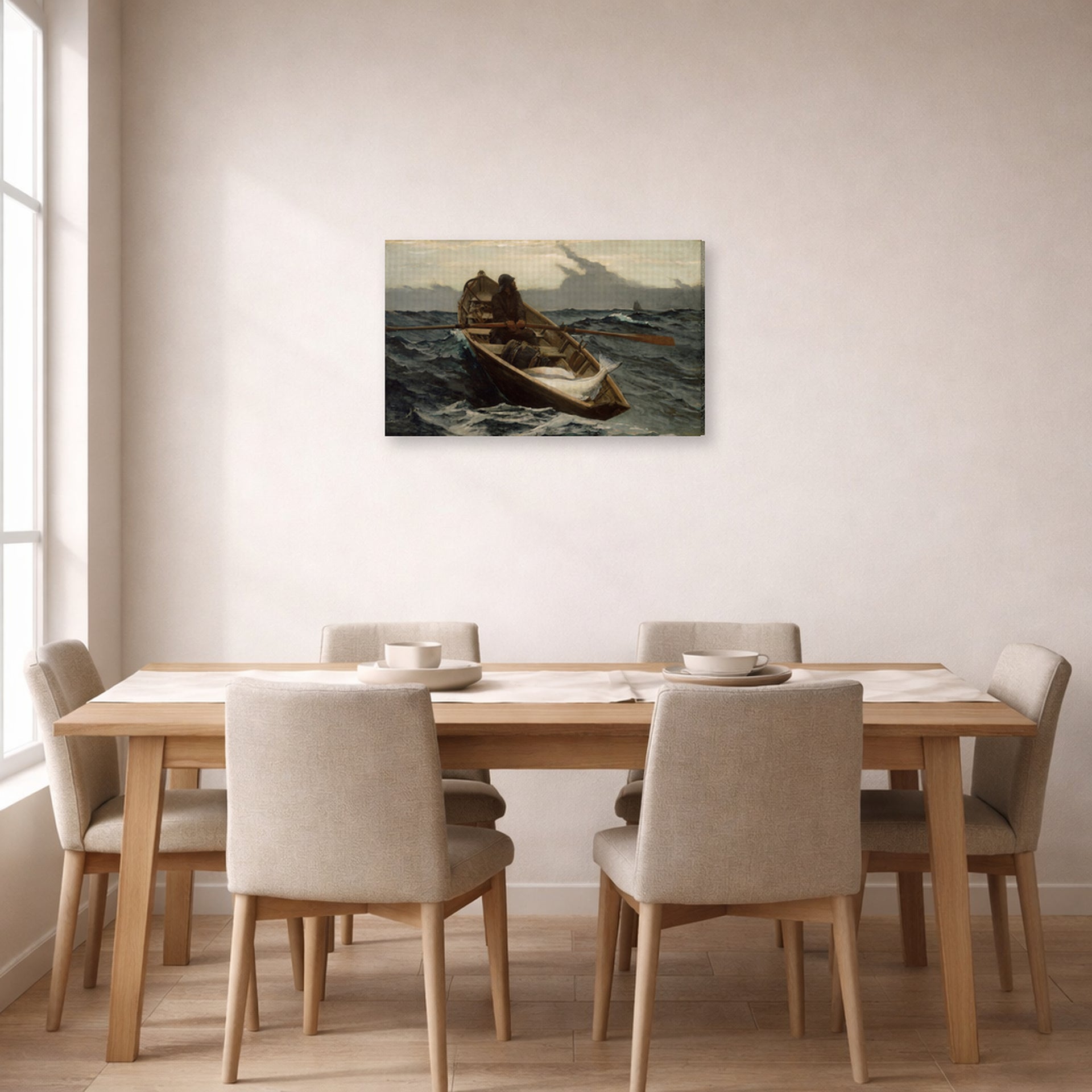Gallery-wrapped canvas print of Winslow Homer's The Fog Warning displayed on a wall in a dining room