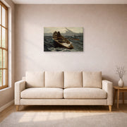 Gallery-wrapped canvas print of Winslow Homer's The Fog Warning displayed on a wall in a living room