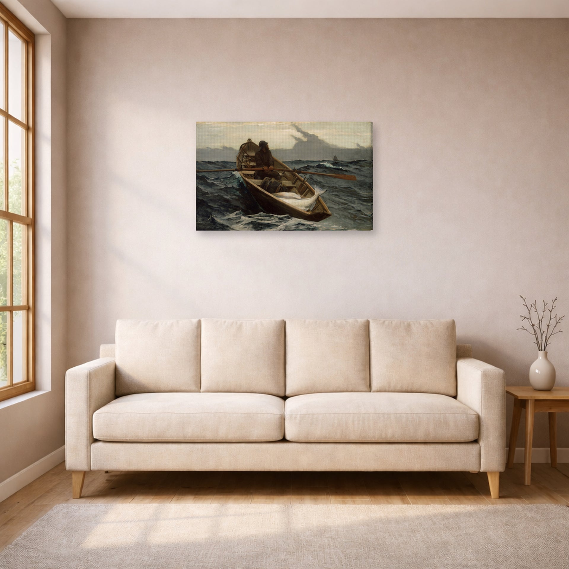 Gallery-wrapped canvas print of Winslow Homer's The Fog Warning displayed on a wall in a living room