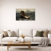 Gallery-wrapped canvas print of Winslow Homer's The Fog Warning displayed on a wall in a living room