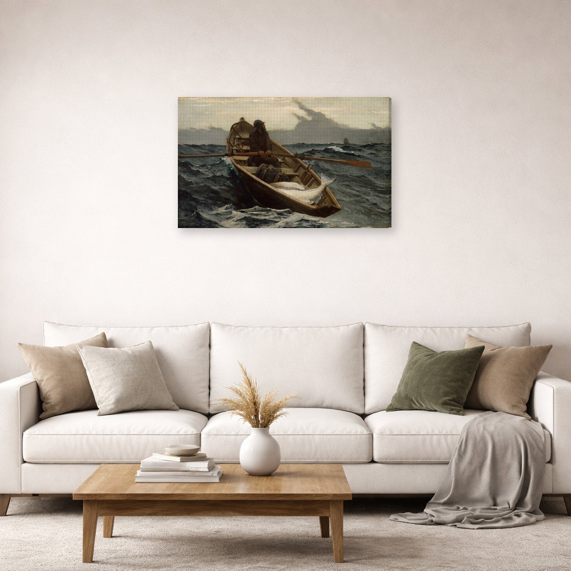 Gallery-wrapped canvas print of Winslow Homer's The Fog Warning displayed on a wall in a living room