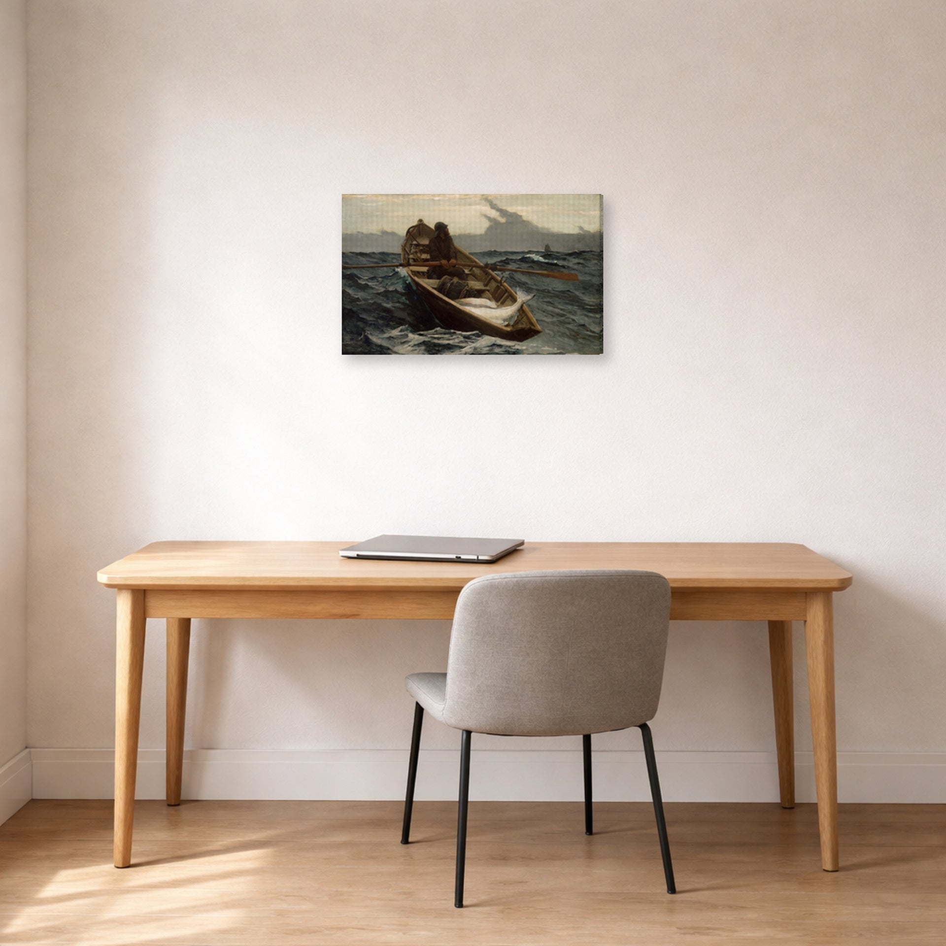 Gallery-wrapped canvas print of Winslow Homer's The Fog Warning displayed on a wall in an office