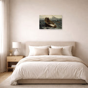 Unframed poster print of Winslow Homer's The Fog Warning displayed on a wall in a bedroom
