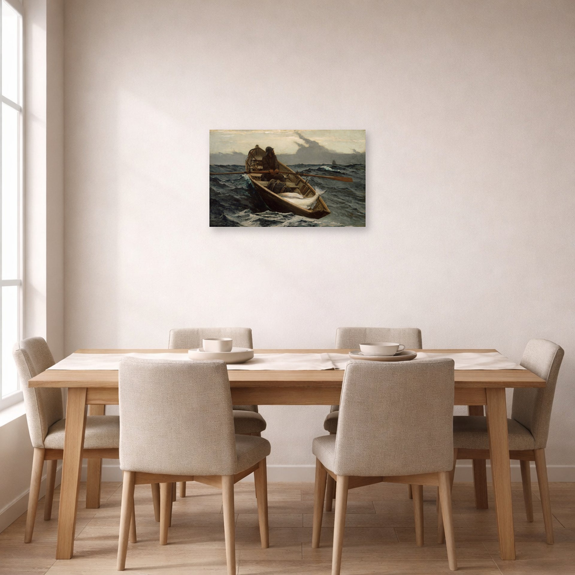 Unframed poster print of Winslow Homer's The Fog Warning displayed on a wall in a dining room