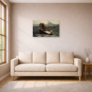Unframed poster print of Winslow Homer's The Fog Warning displayed on a wall in a living room
