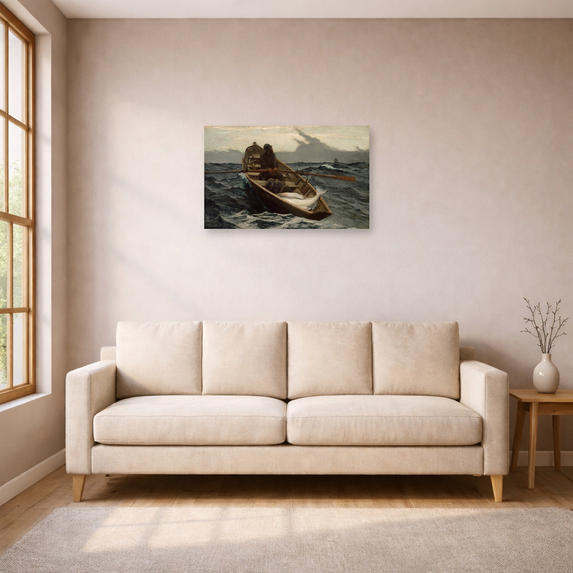 Unframed poster print of Winslow Homer's The Fog Warning displayed on a wall in a living room