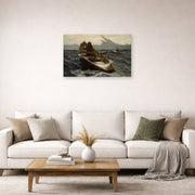 Unframed poster print of Winslow Homer's The Fog Warning displayed on a wall in a living room
