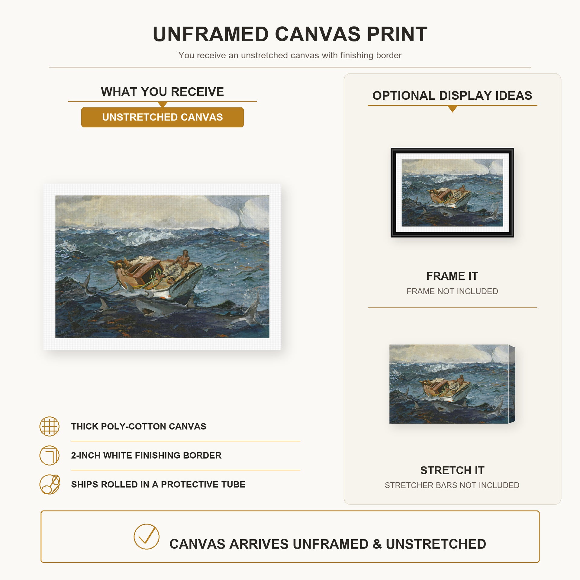 Winslow Homer - The Gulf Stream canvas print size comparison and framing display infographic