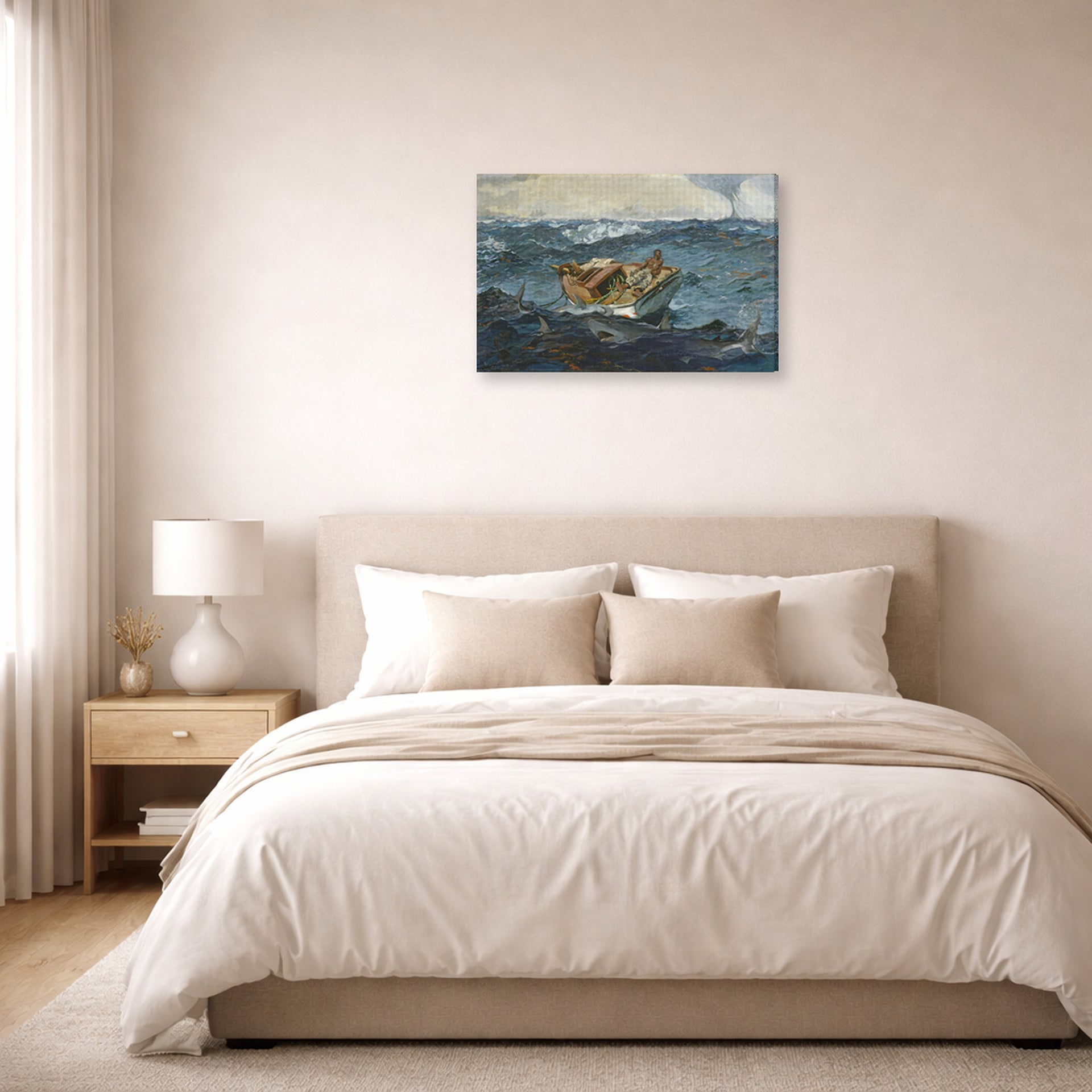 Gallery-wrapped canvas print of Winslow Homer's The Gulf Stream displayed on a wall in a bedroom