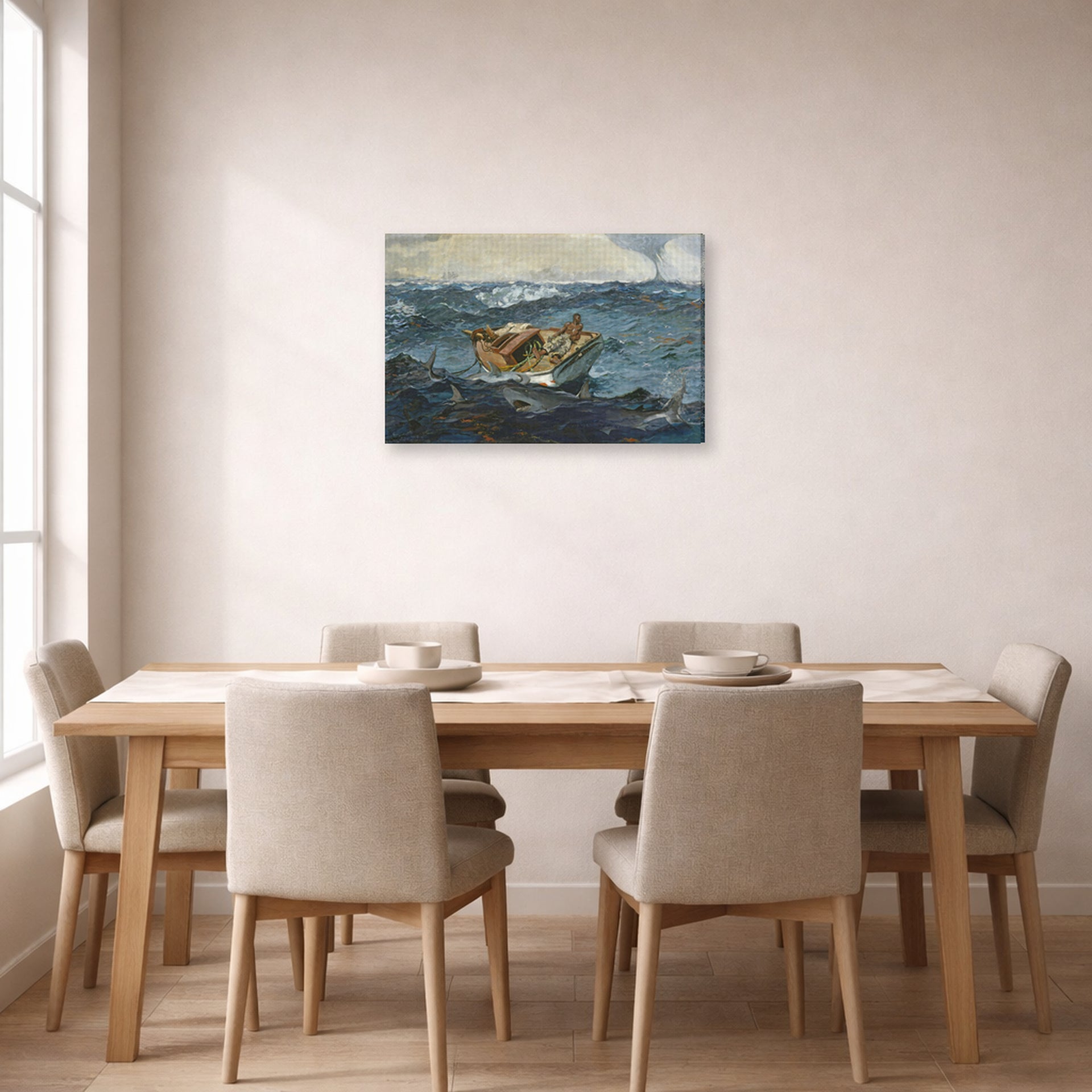 Gallery-wrapped canvas print of Winslow Homer's The Gulf Stream displayed on a wall in a dining room
