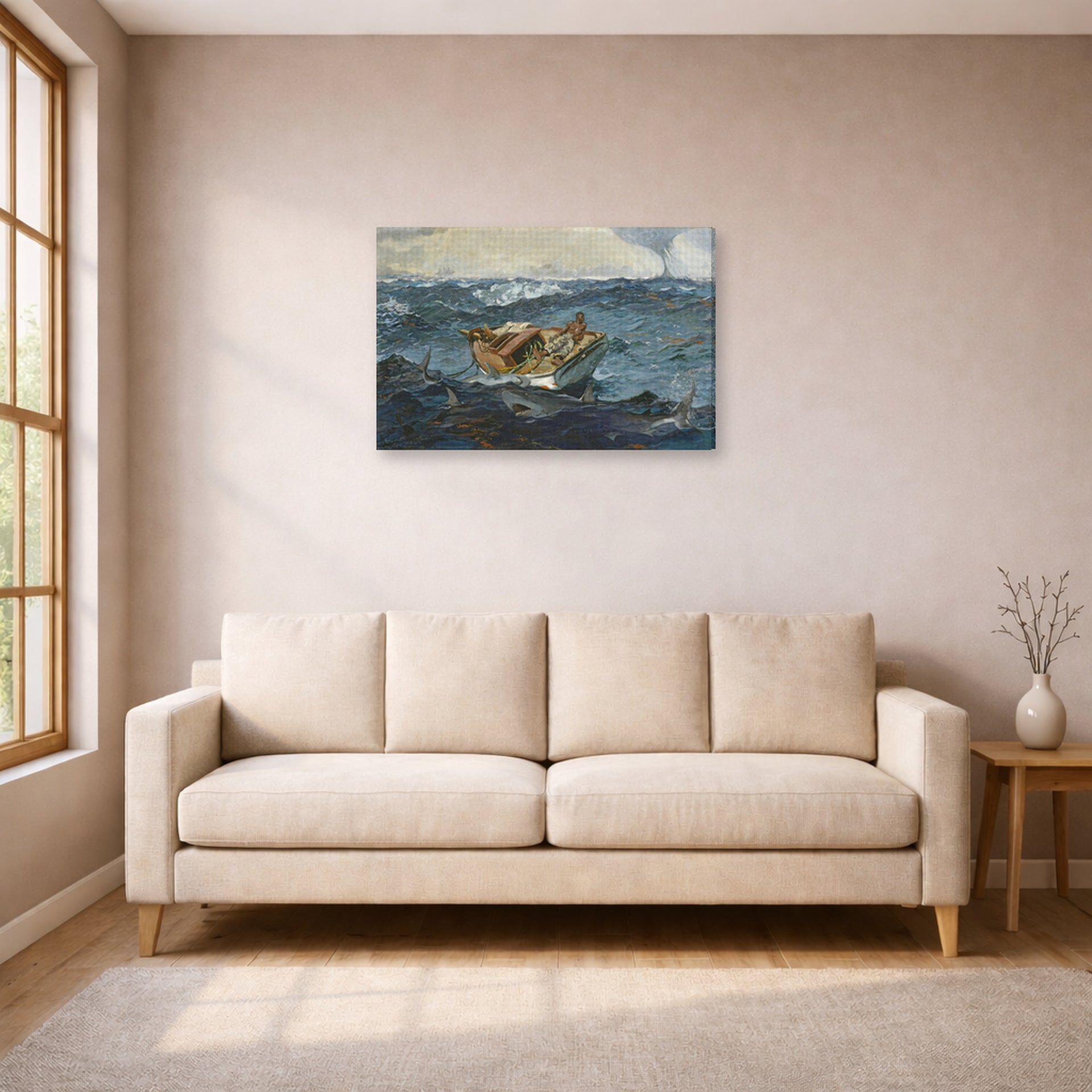 Gallery-wrapped canvas print of Winslow Homer's The Gulf Stream displayed on a wall in a living room