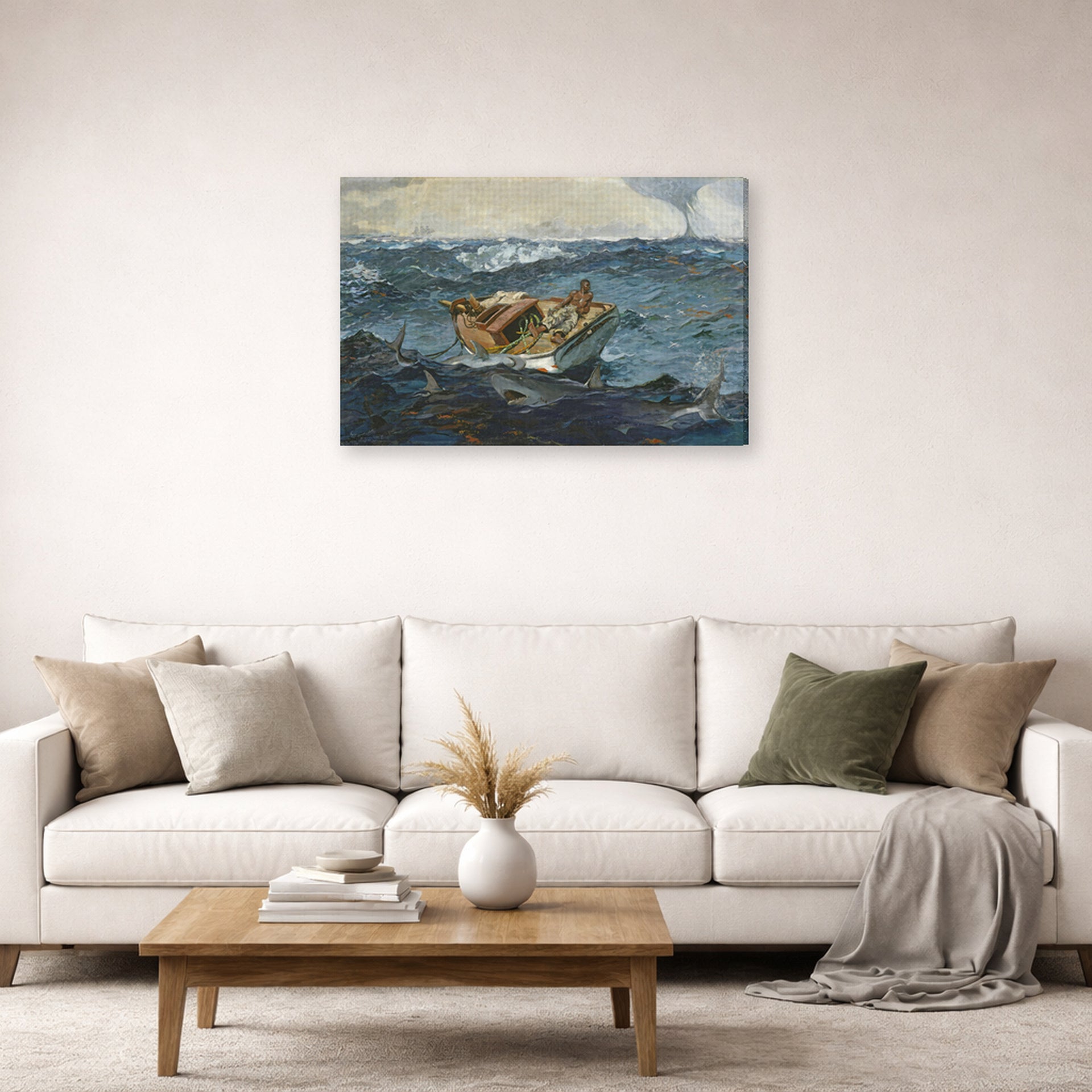 Gallery-wrapped canvas print of Winslow Homer's The Gulf Stream displayed on a wall in a living room