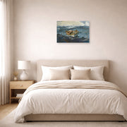 Unframed poster print of Winslow Homer's The Gulf Stream displayed on a wall in a bedroom