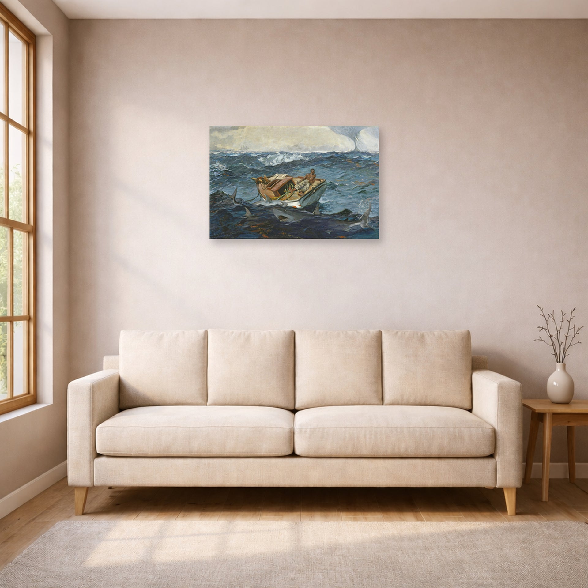 Unframed poster print of Winslow Homer's The Gulf Stream displayed on a wall in a living room