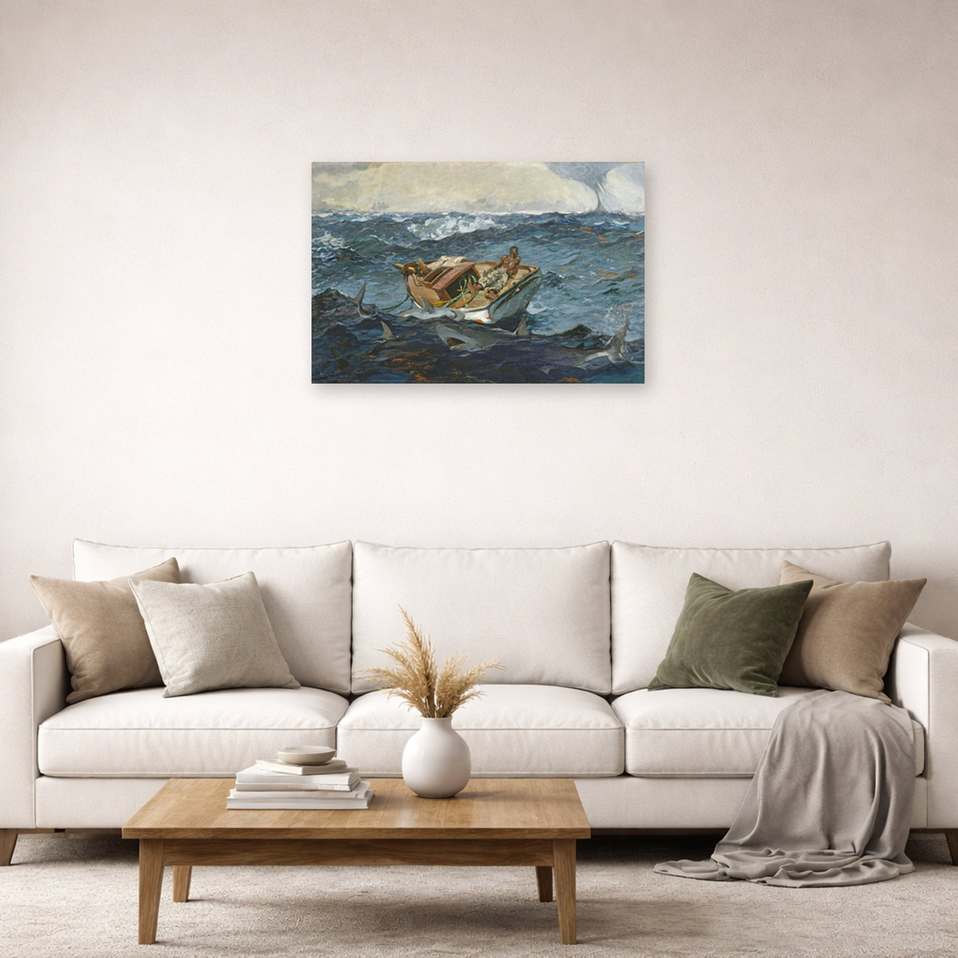 Unframed poster print of Winslow Homer's The Gulf Stream displayed on a wall in a living room