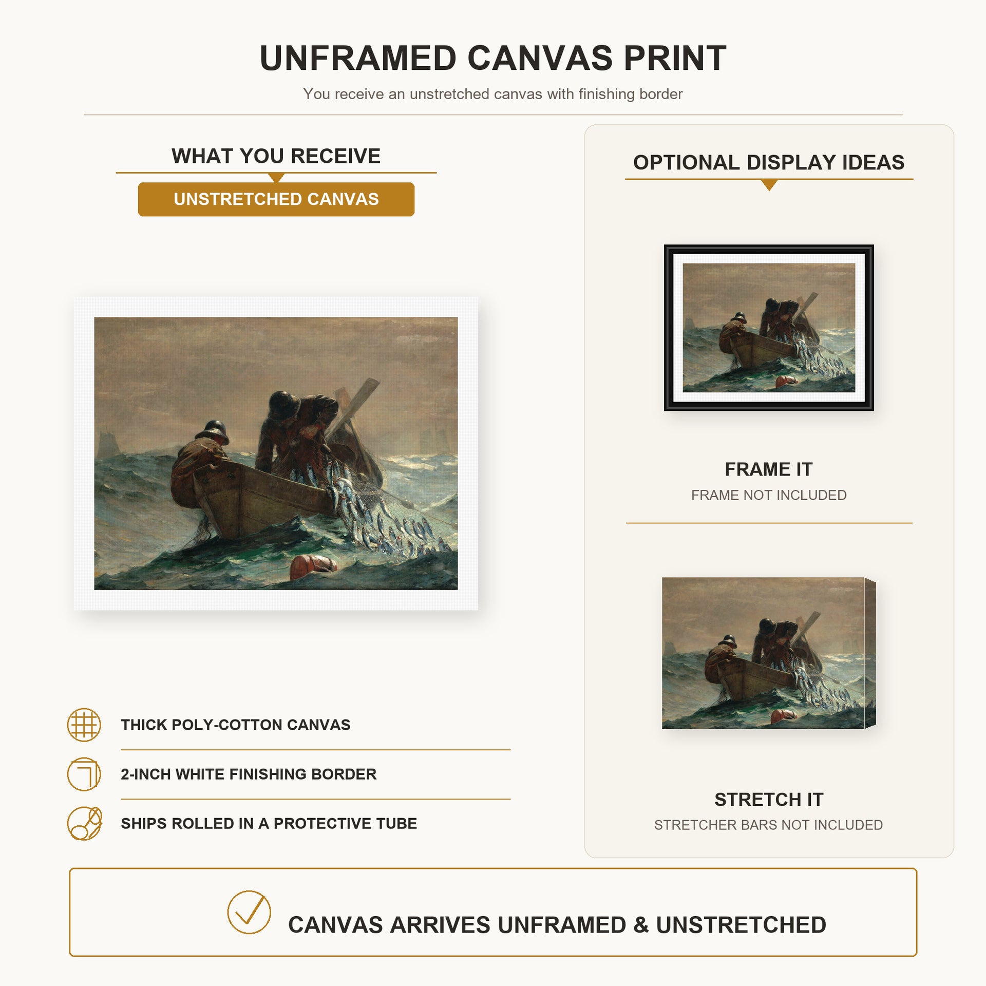Winslow Homer - The Herring Net canvas print size comparison and framing display infographic