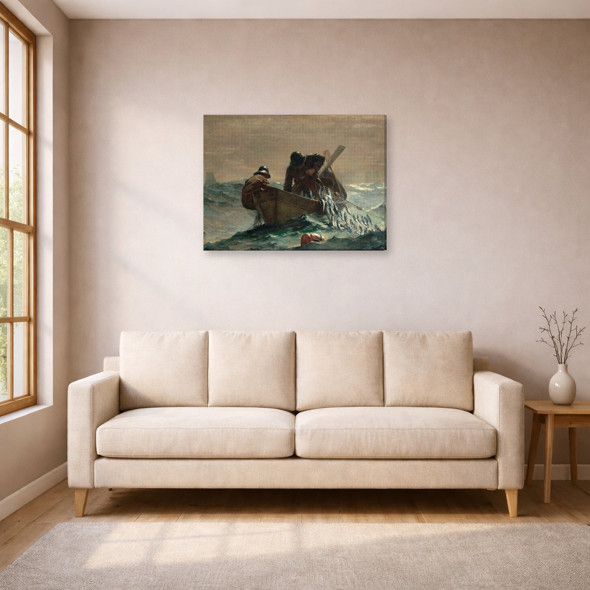 Gallery-wrapped canvas print of Winslow Homer's The Herring Net displayed on a wall in a living room