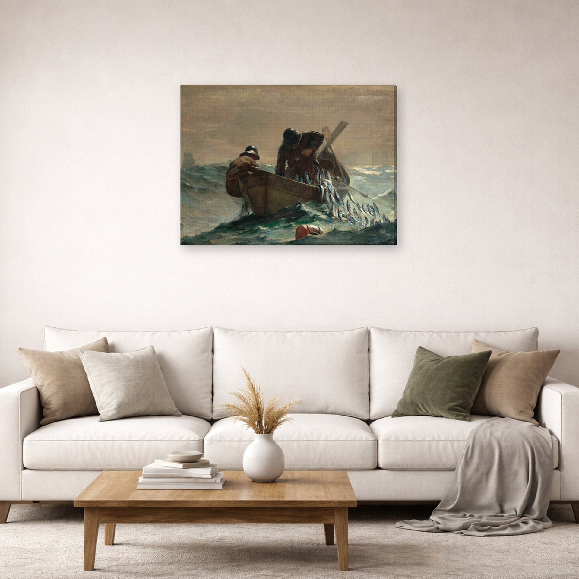 Gallery-wrapped canvas print of Winslow Homer's The Herring Net displayed on a wall in a living room