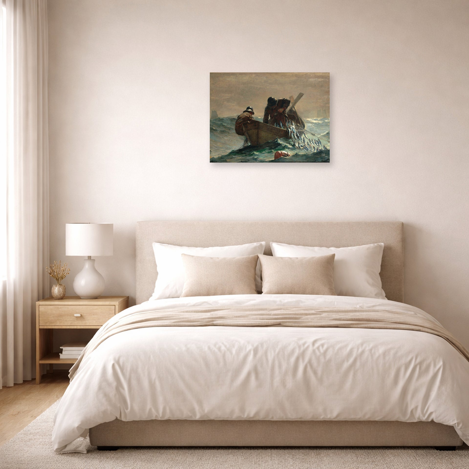 Unframed poster print of Winslow Homer's The Herring Net displayed on a wall in a bedroom
