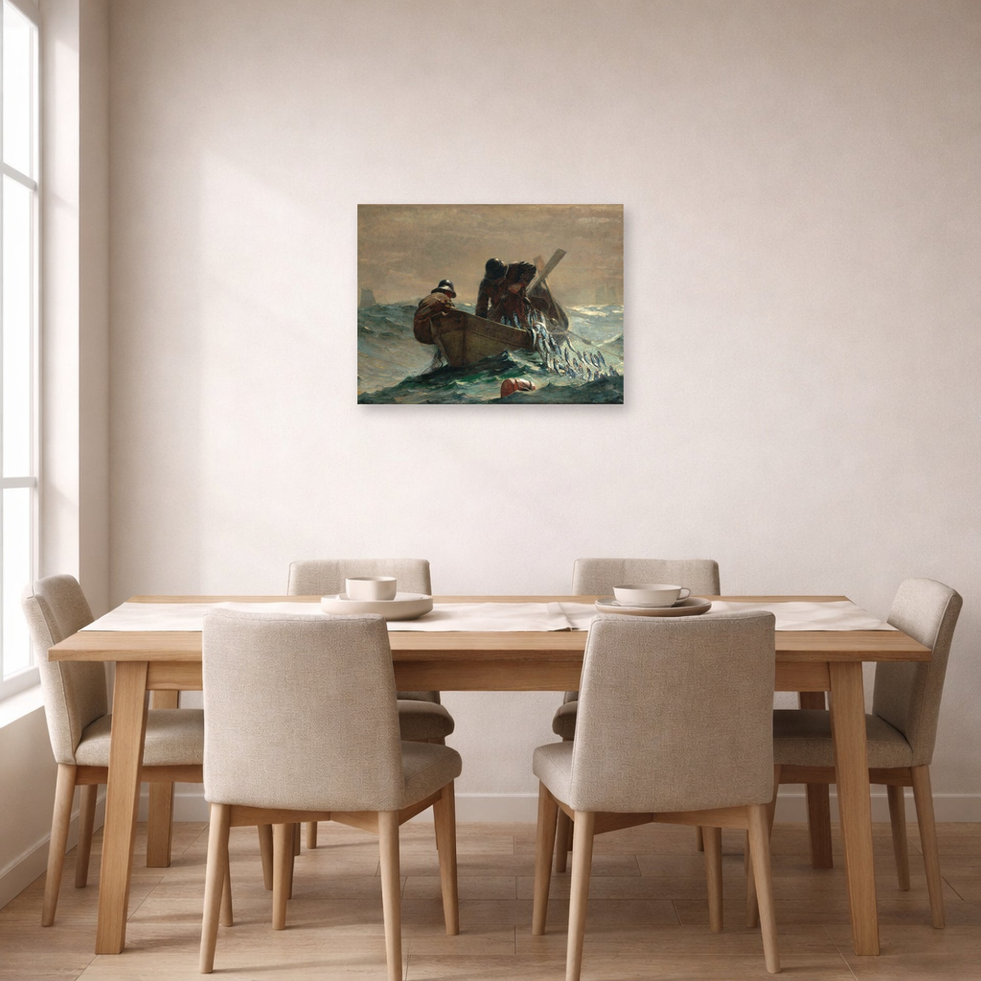 Unframed poster print of Winslow Homer's The Herring Net displayed on a wall in a dining room