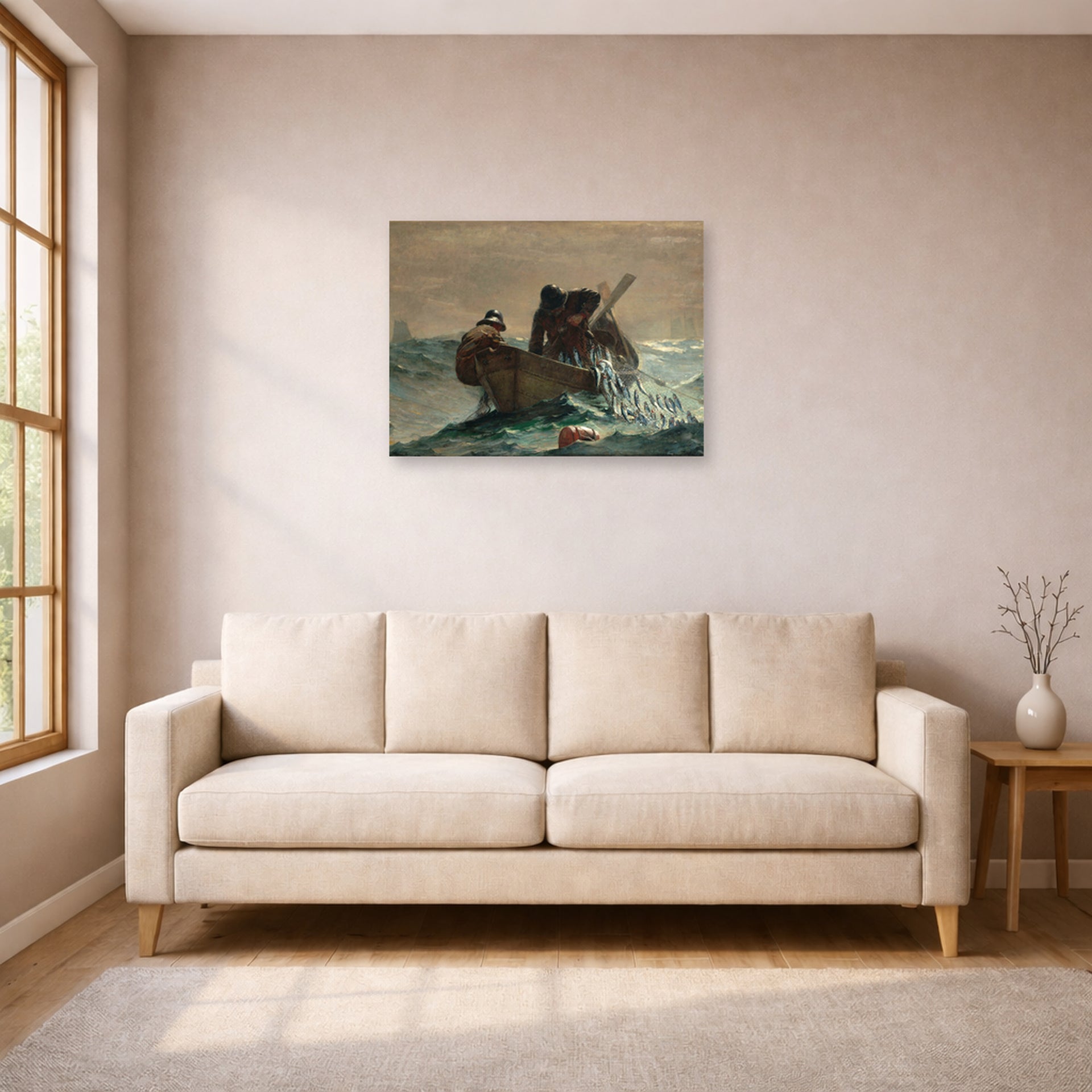 Unframed poster print of Winslow Homer's The Herring Net displayed on a wall in a living room
