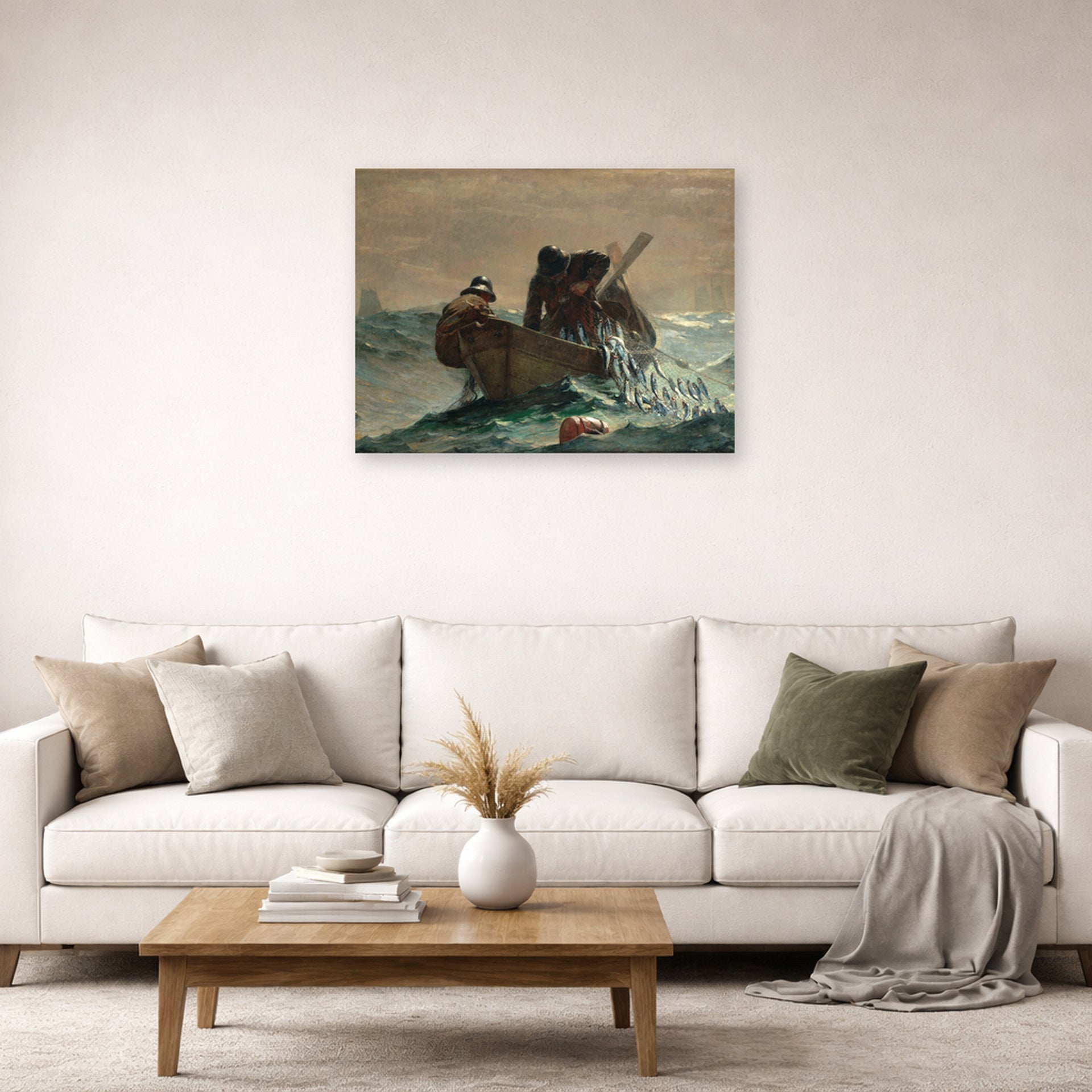 Unframed poster print of Winslow Homer's The Herring Net displayed on a wall in a living room