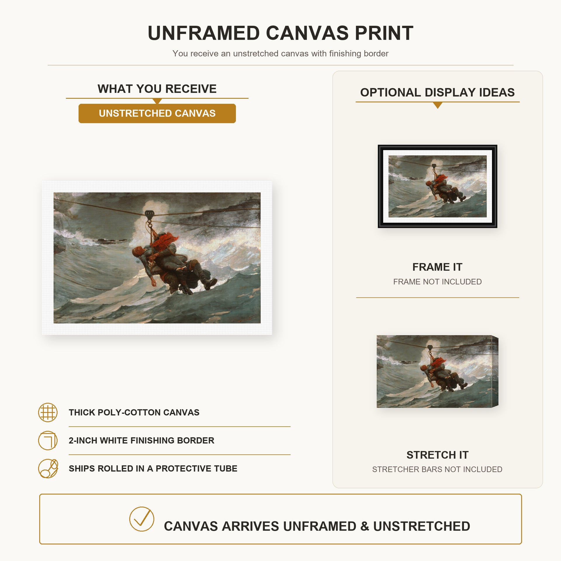 Winslow Homer - The Life Line canvas print size comparison and framing display infographic