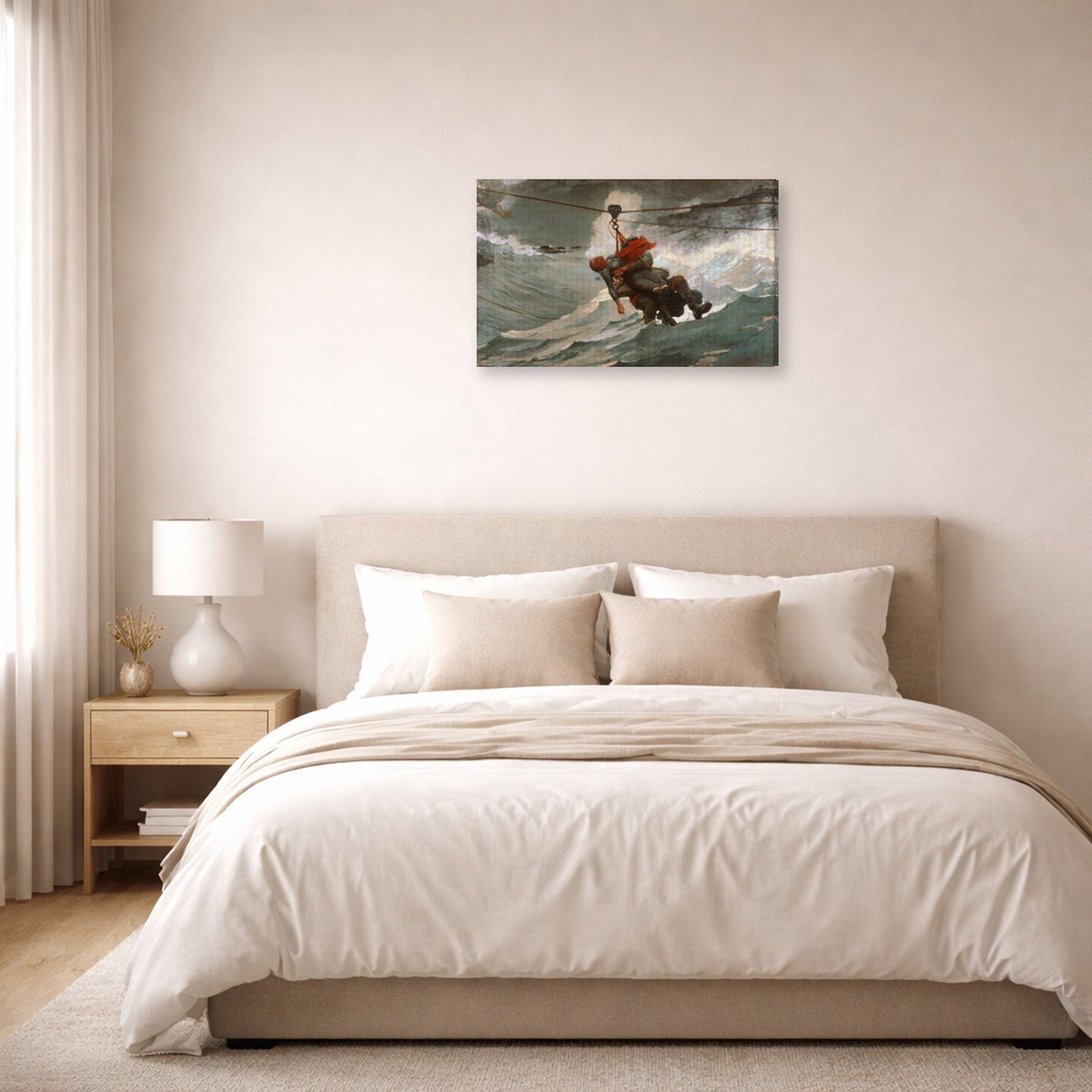 Gallery-wrapped canvas print of Winslow Homer's The Life Line displayed on a wall in a bedroom